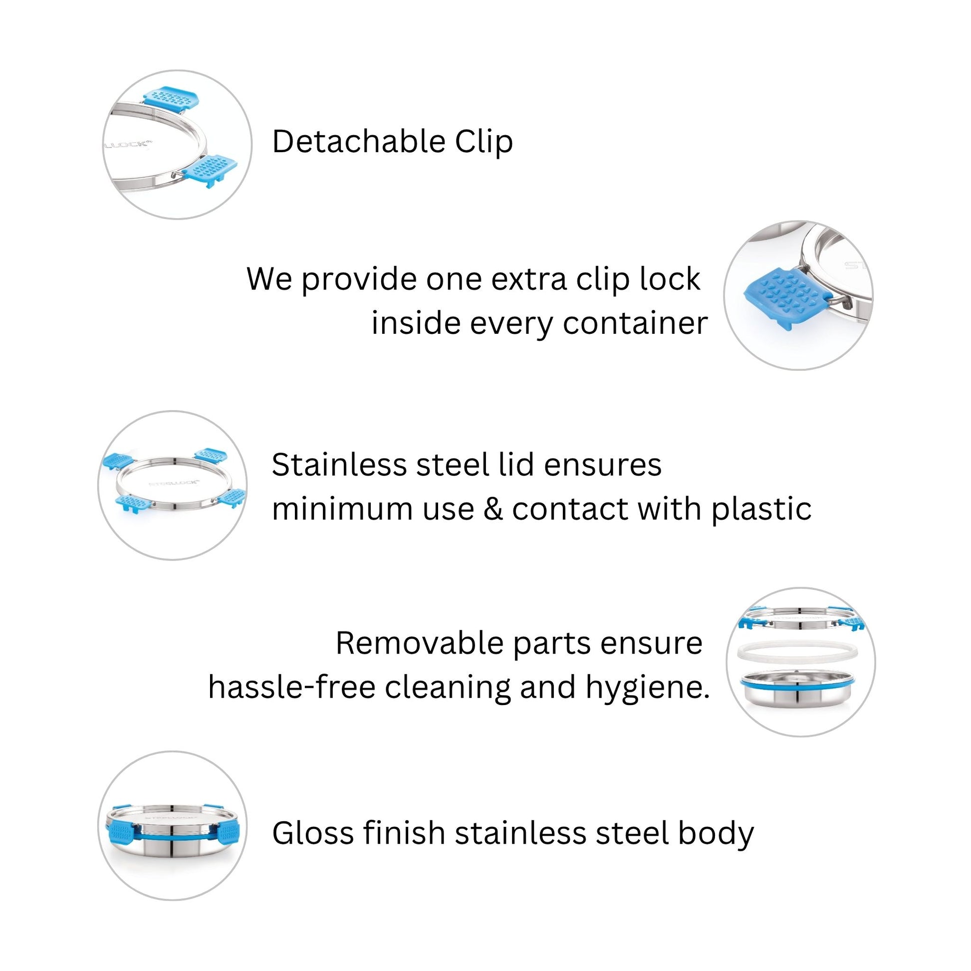 Product features with detachable clip, stainless steel lid, removable parts, and gloss finish on a white background.
