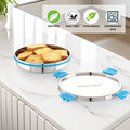 Stainless steel food container with a lid on a kitchen counter, featuring 'Steellock' branding.