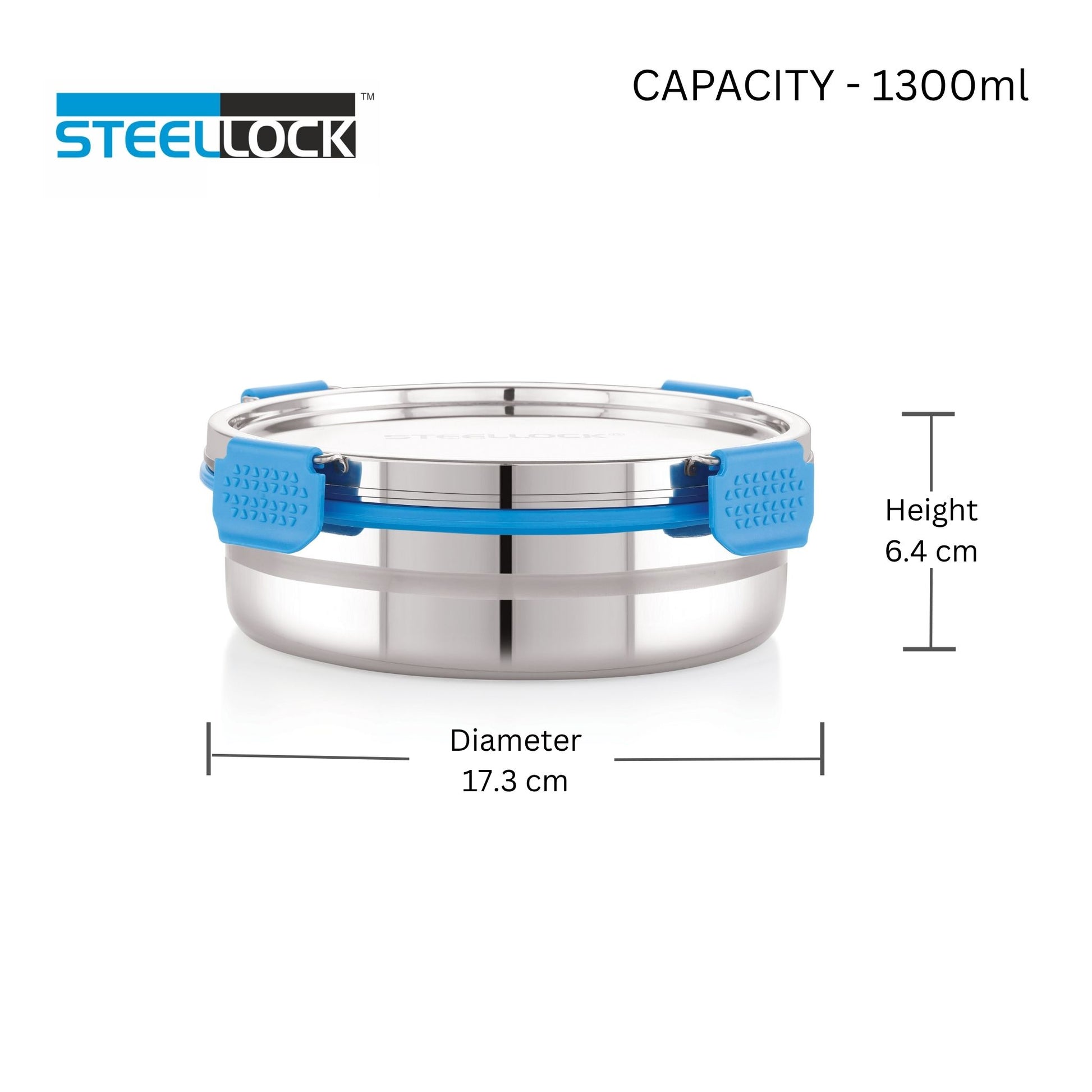 Stainless steel container with blue lid and Steellock branding, showing capacity and dimensions.