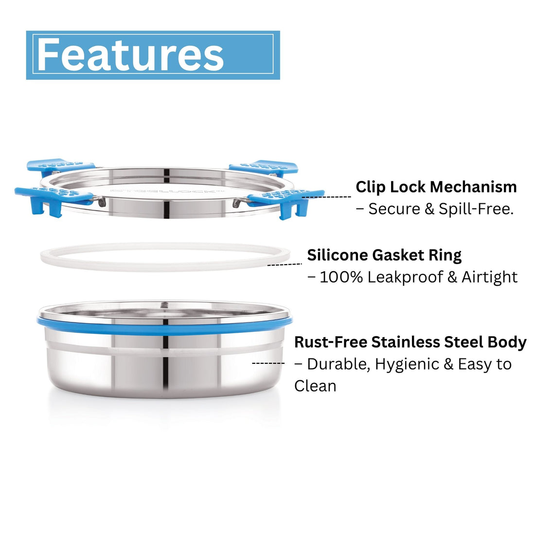 A stainless steel airtight container with a blue silicone seal lid, branded with 'STEELLOCK' on the top surface.