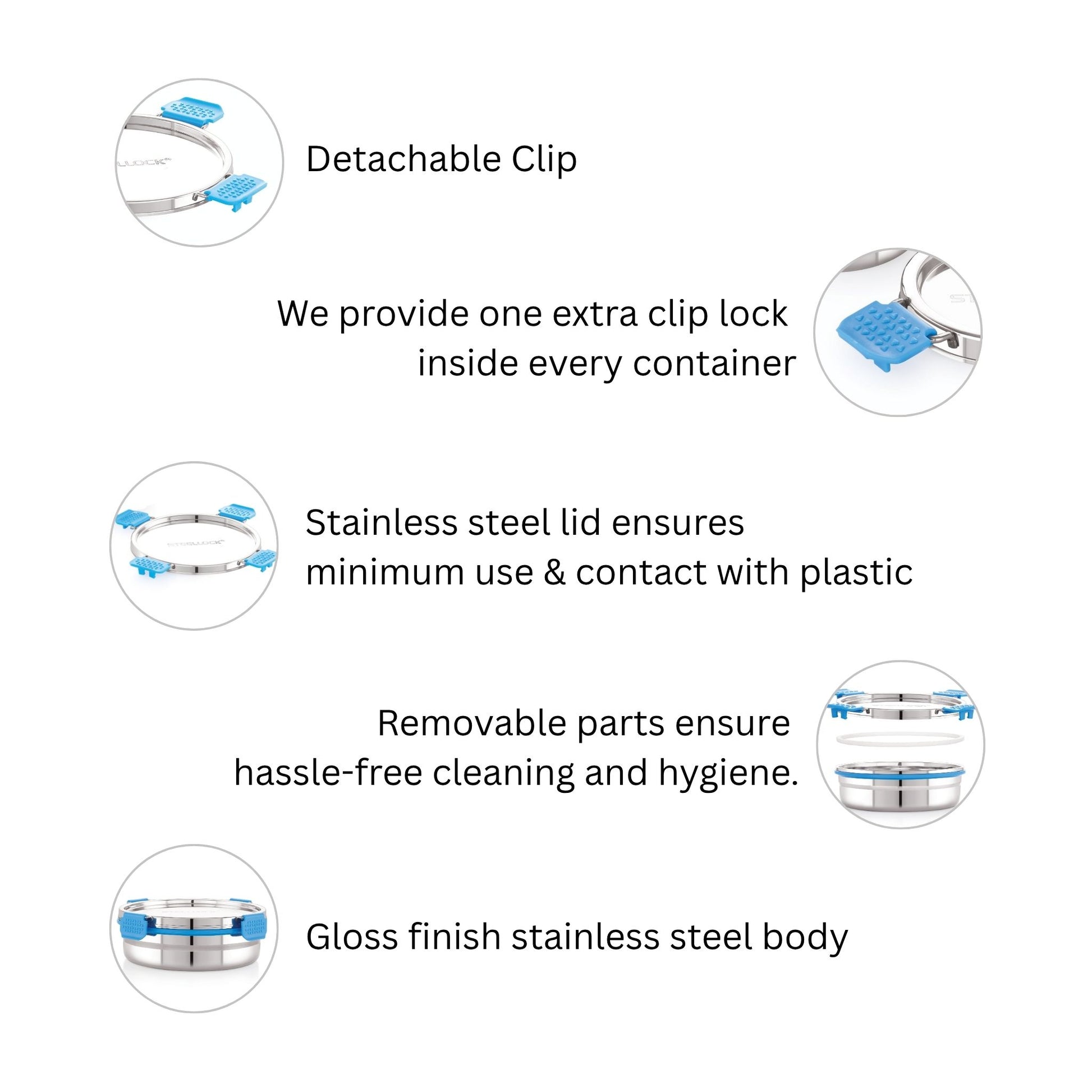 Product features with detachable clip, stainless steel lid, and removable parts on a white background.