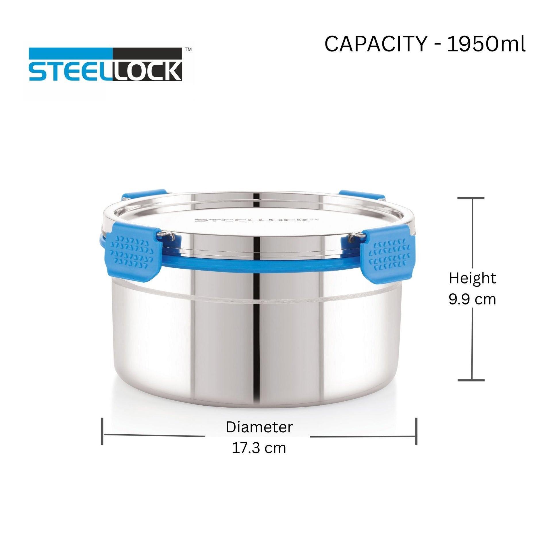 Stainless steel container and dimensions on a white background, featuring the Steelock brand.