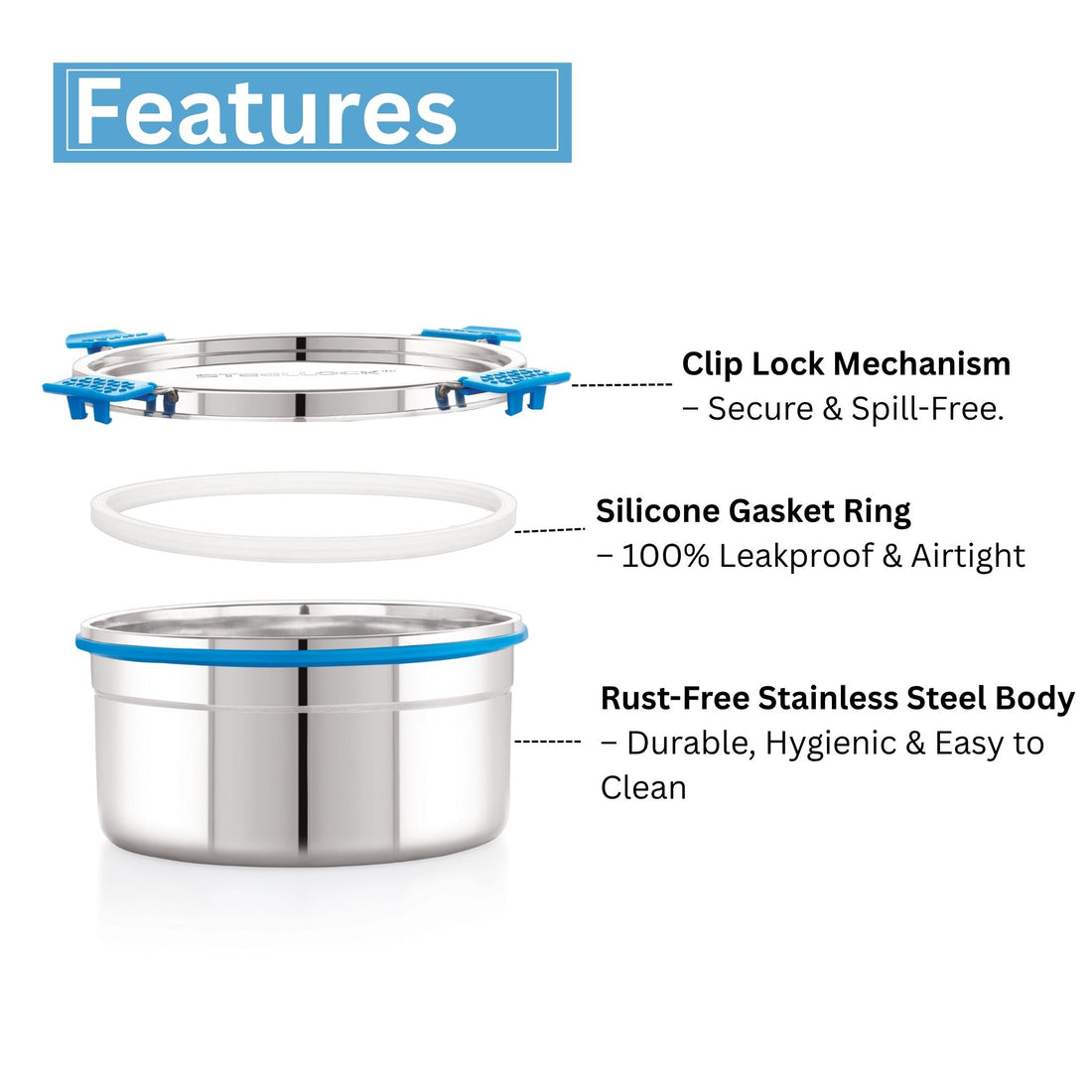 A stainless steel airtight container with a blue silicone seal lid and handle, branded with 'STEELock'.