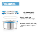 Stainless steel container with features highlighted on a white background
