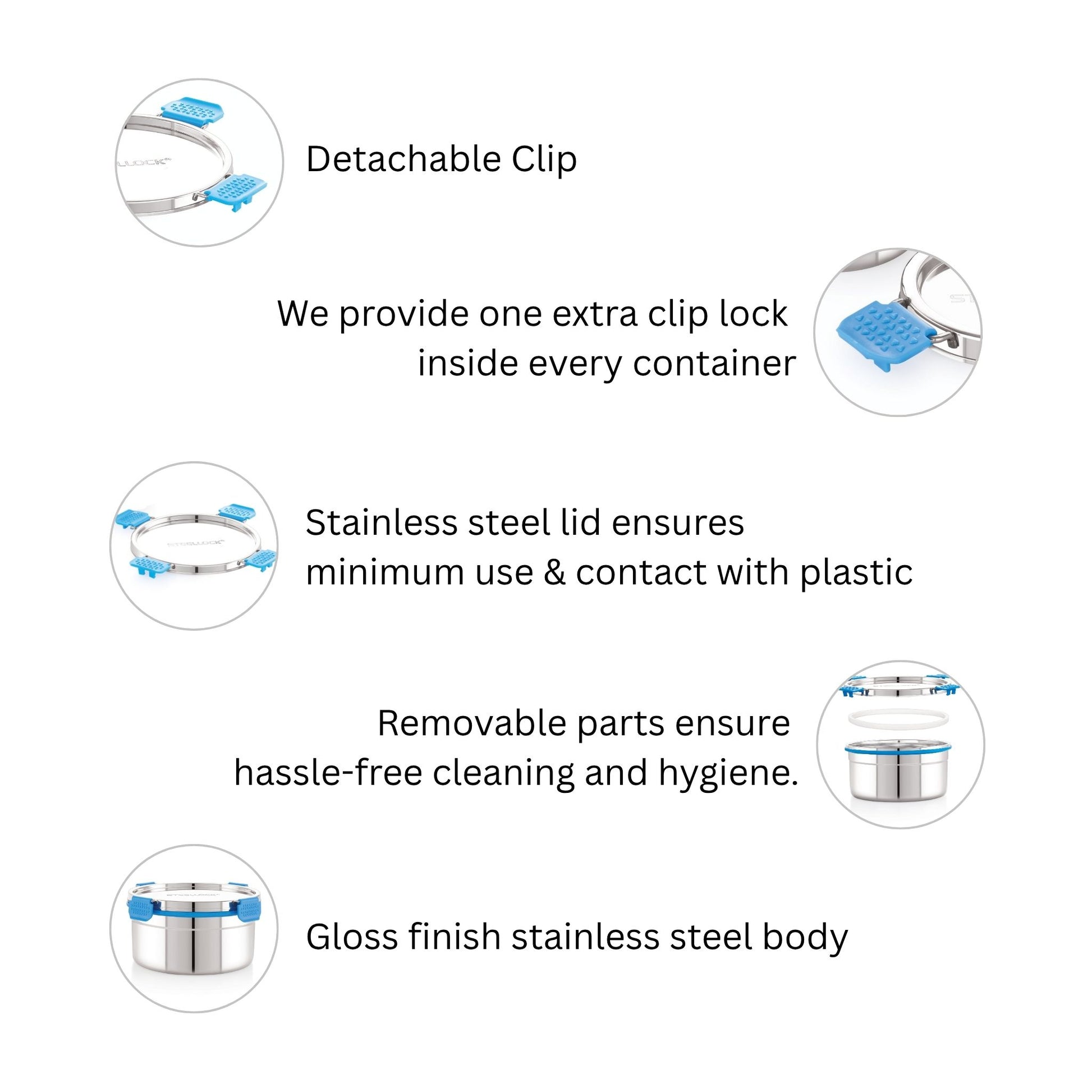 Product features with detachable clip, stainless steel lid, removable parts, and gloss finish on a white background.