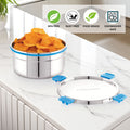 Stainless steel container with chips on a kitchen counter, featuring safety icons.