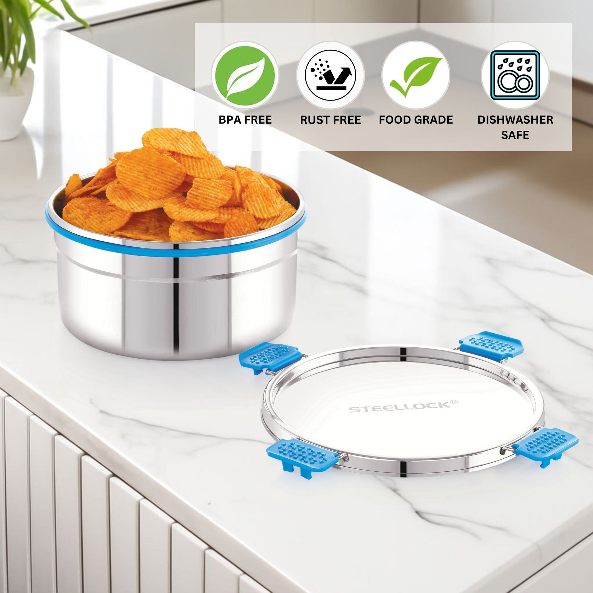 Stainless steel container with chips on a kitchen counter, featuring safety icons.