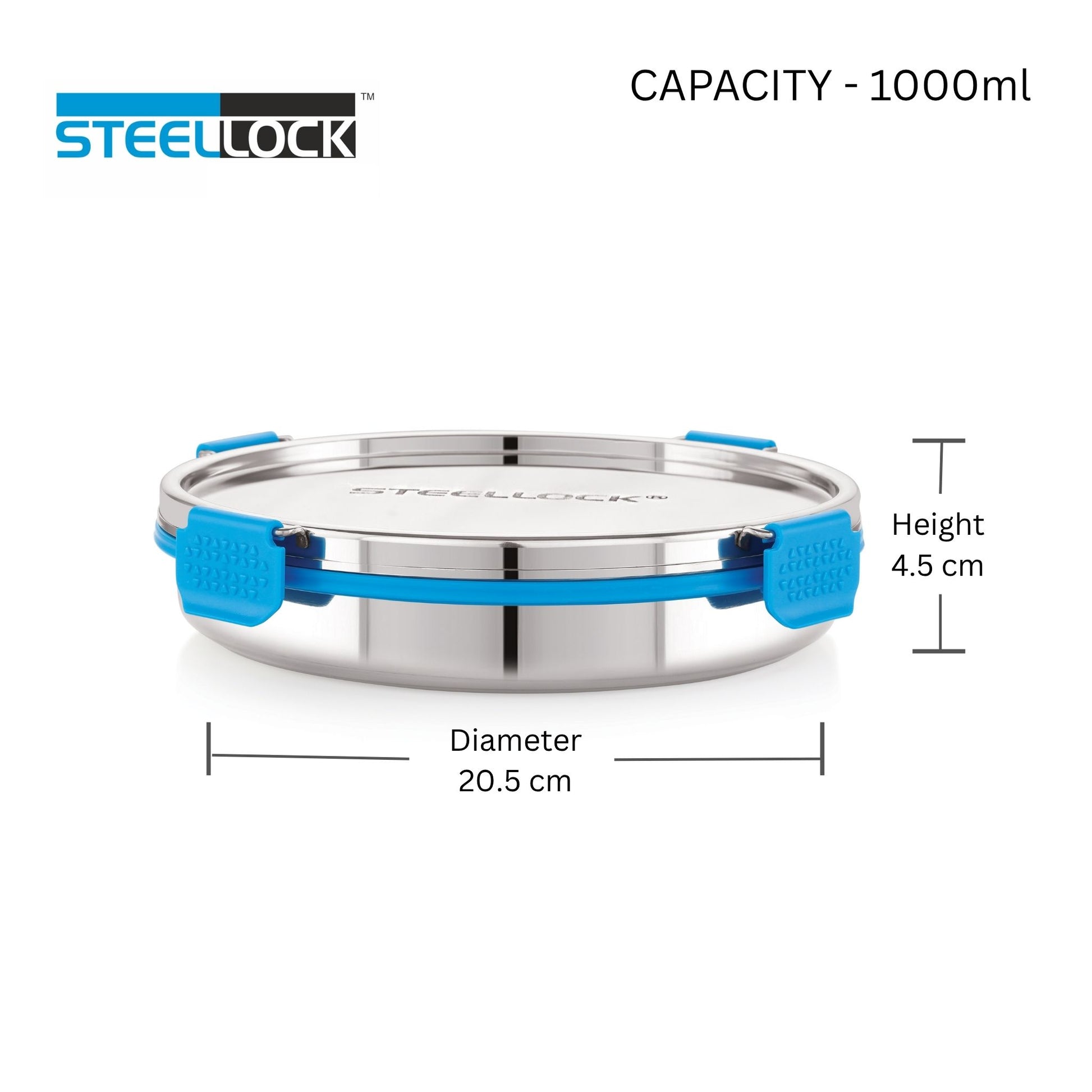 Stainless steel container with blue handles and Steellock branding, showing capacity and dimensions.