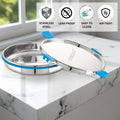 Stainless steel containers with blue sealing rings on a marble surface, featuring icons and text about material properties.