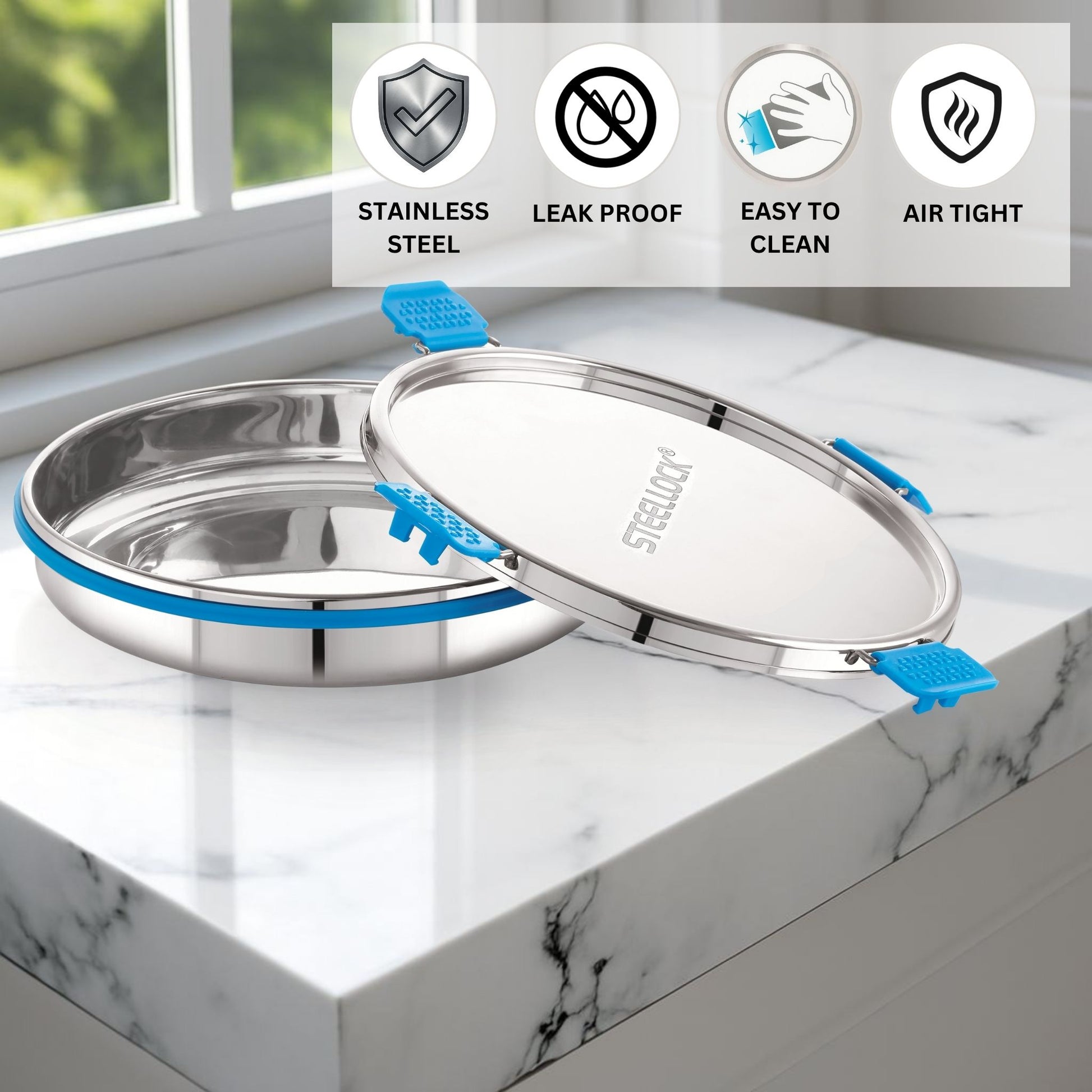 Stainless steel containers with blue sealing rings on a marble surface, featuring icons and text about material properties.