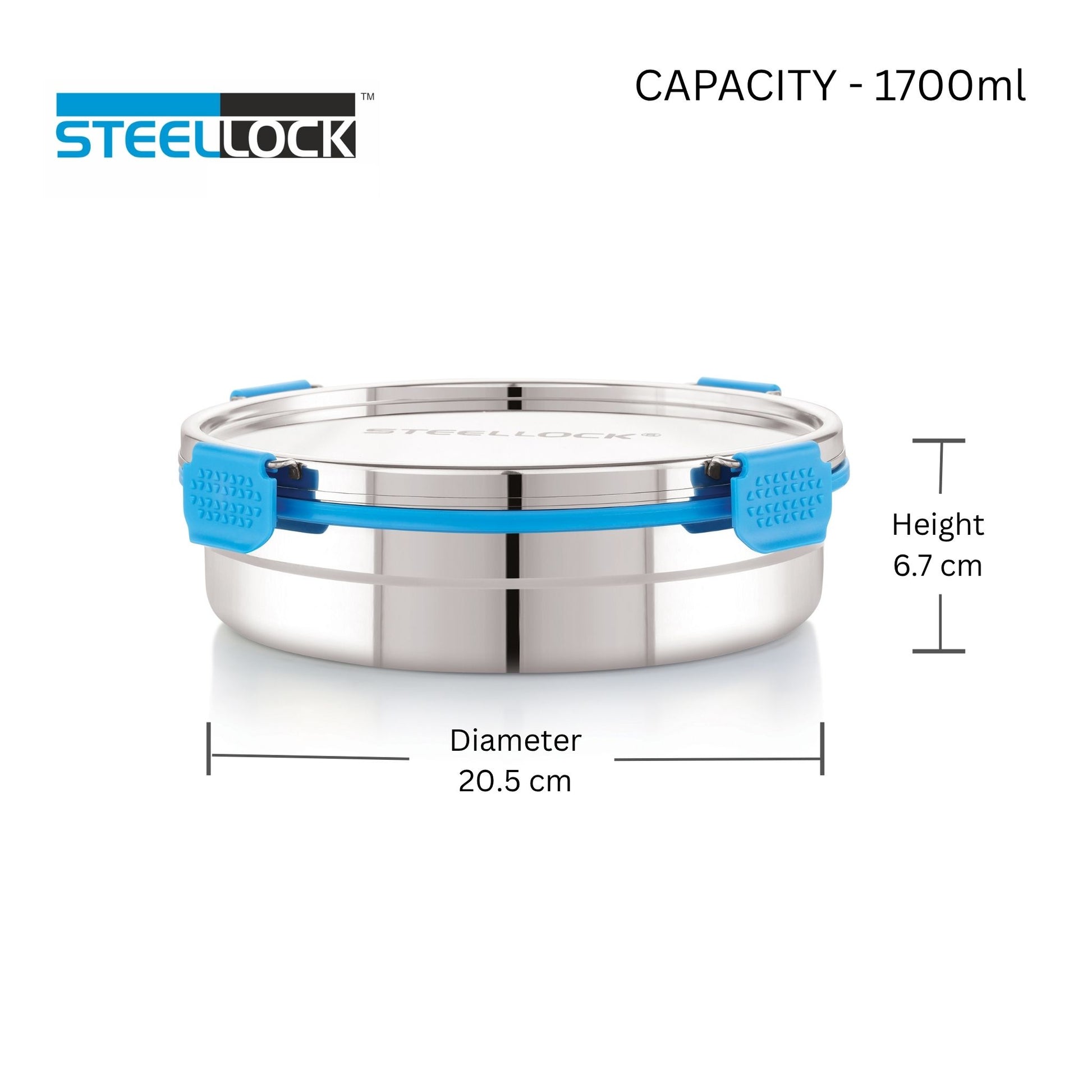 Stainless steel container with blue handles and dimensions on a white background, featuring the Steellock brand.