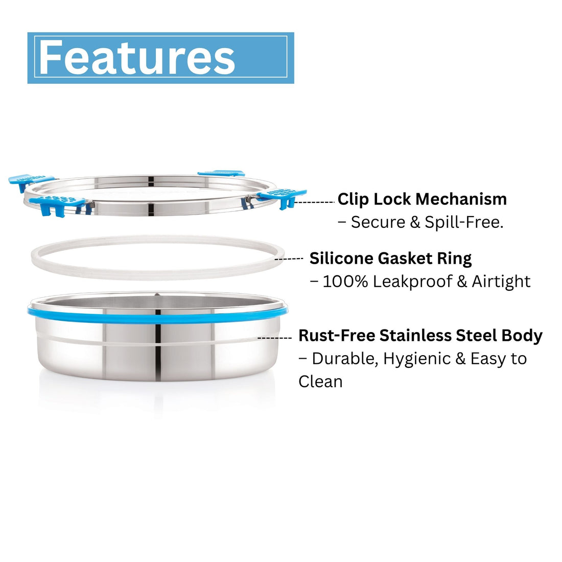 A round stainless steel Steellock Pro container with a blue silicone seal and a transparent lid.
