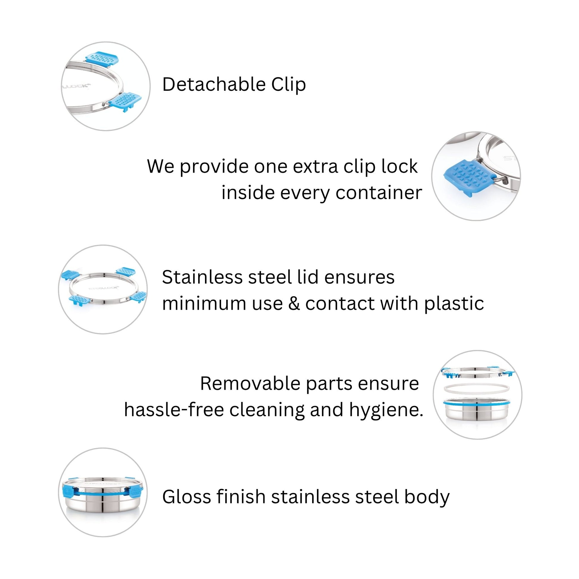 Product features with detachable clip, stainless steel lid, removable parts, and gloss finish on a white background.