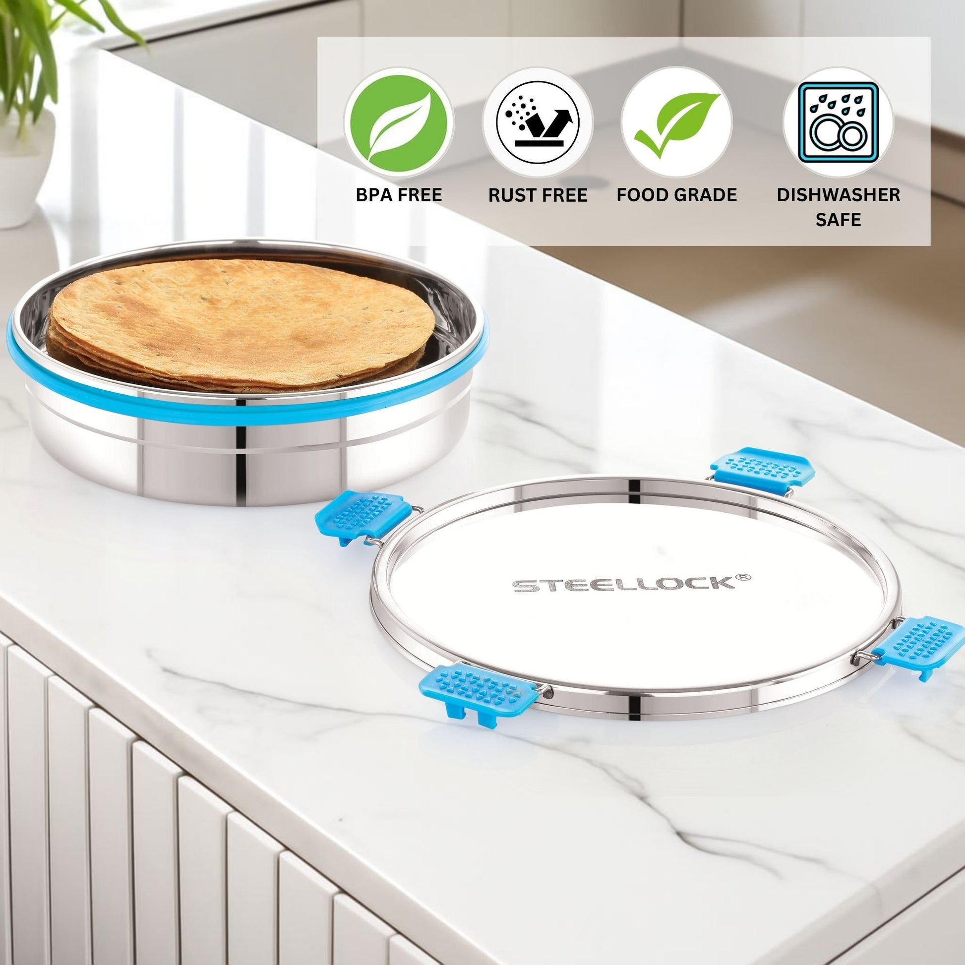 Stainless steel lid with blue clips on a kitchen counter, featuring Steellock branding.