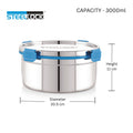 Stainless steel container with blue lid labeled 'Steellock' on a white background