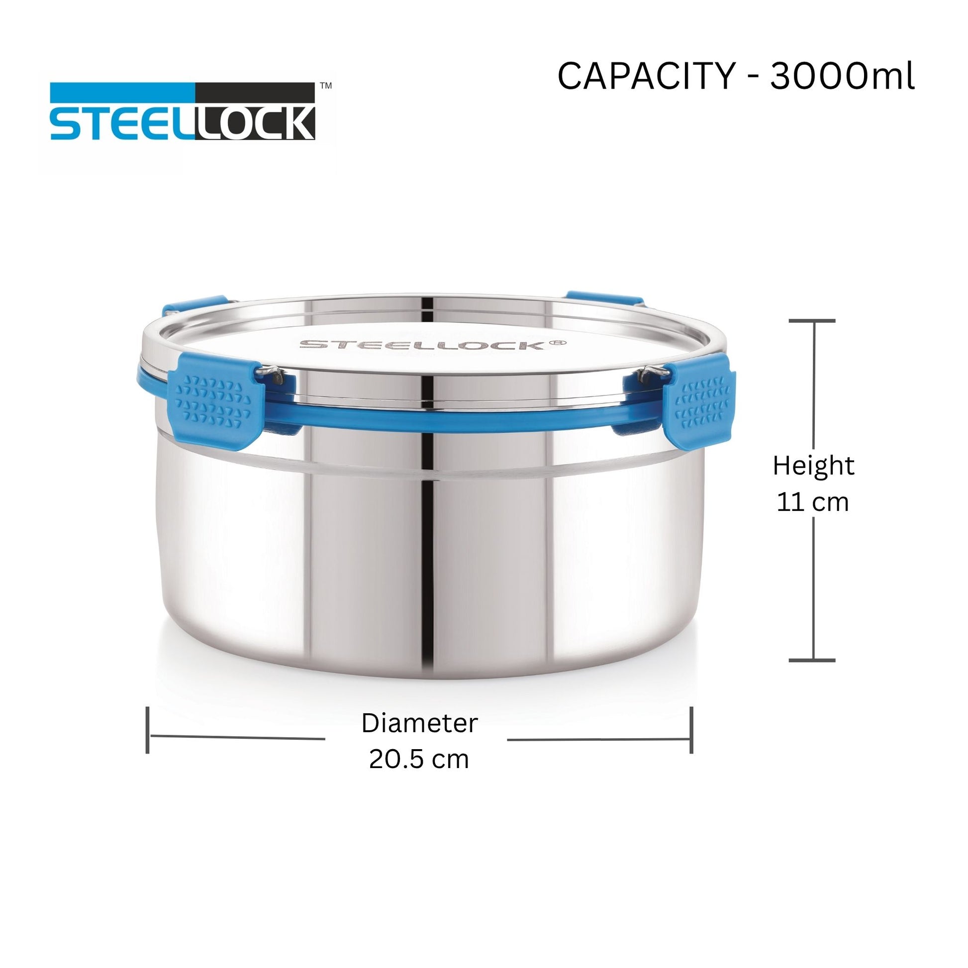 Stainless steel container with blue lid labeled 'Steellock' on a white background