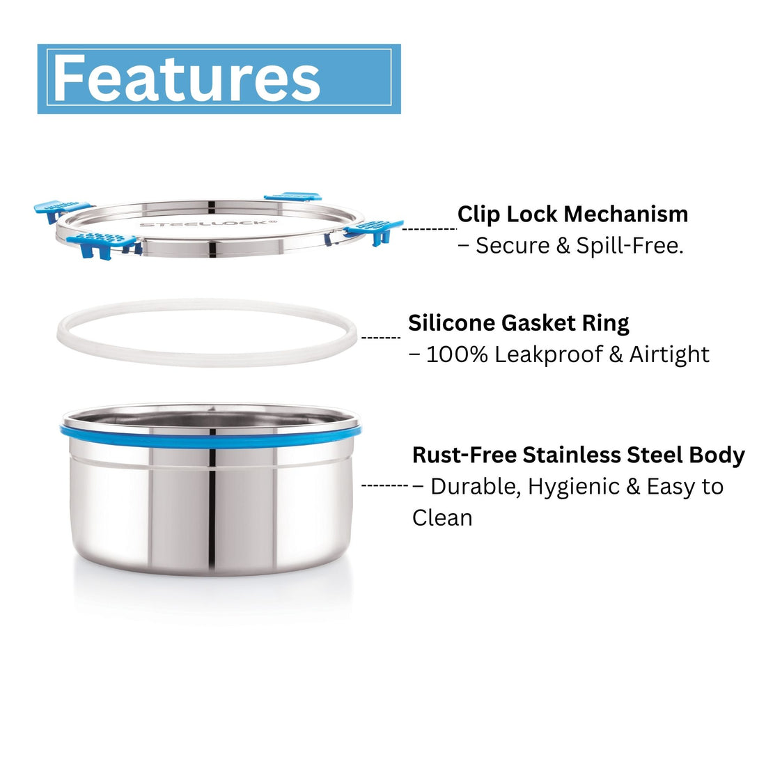 A stainless steel Steellock Pro airtight container with a blue silicone seal lid and a steel lid with a blue handle on top.