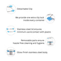 Product features with detachable clip, stainless steel lid, and removable parts on a white background.