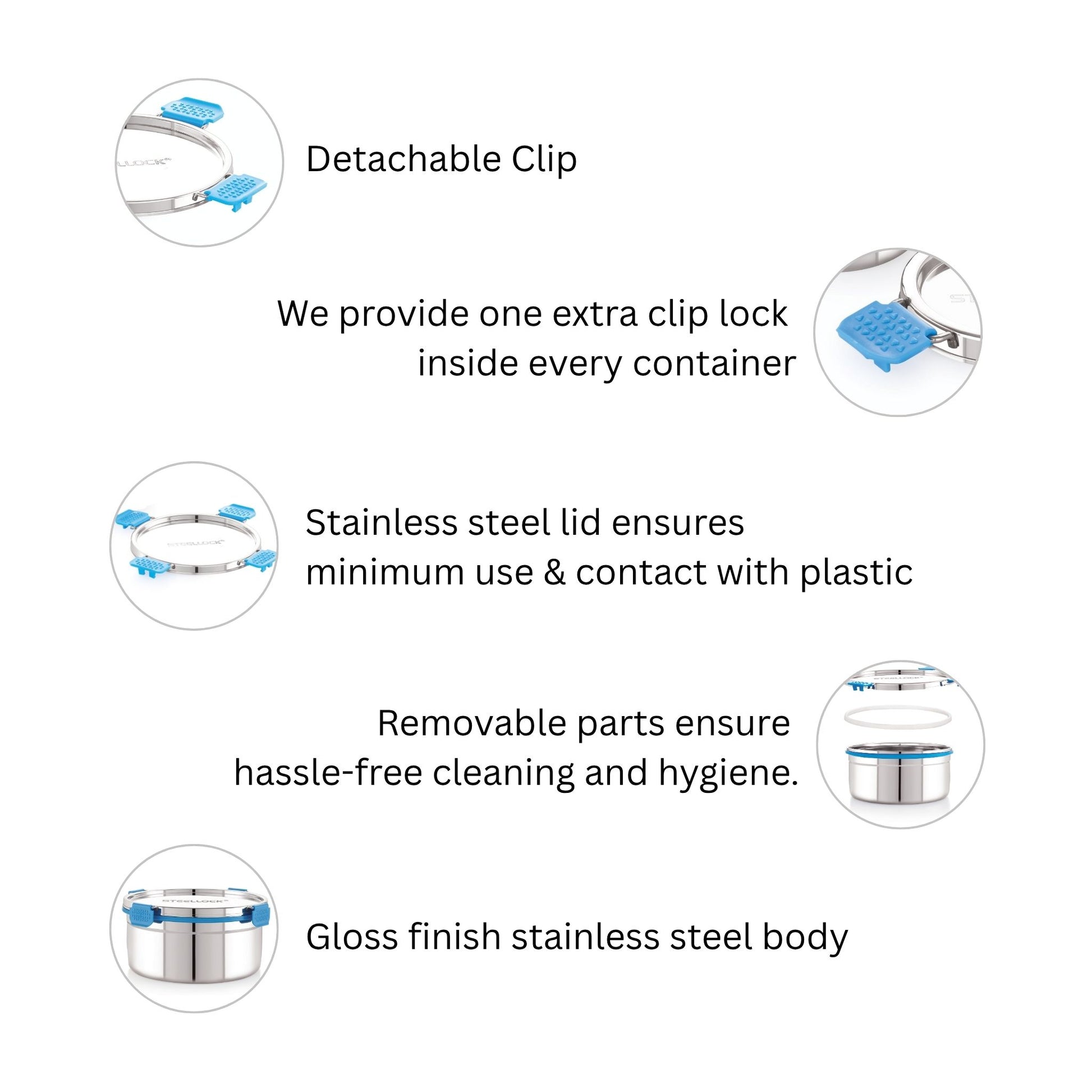 Product features with detachable clip, stainless steel lid, and removable parts on a white background.