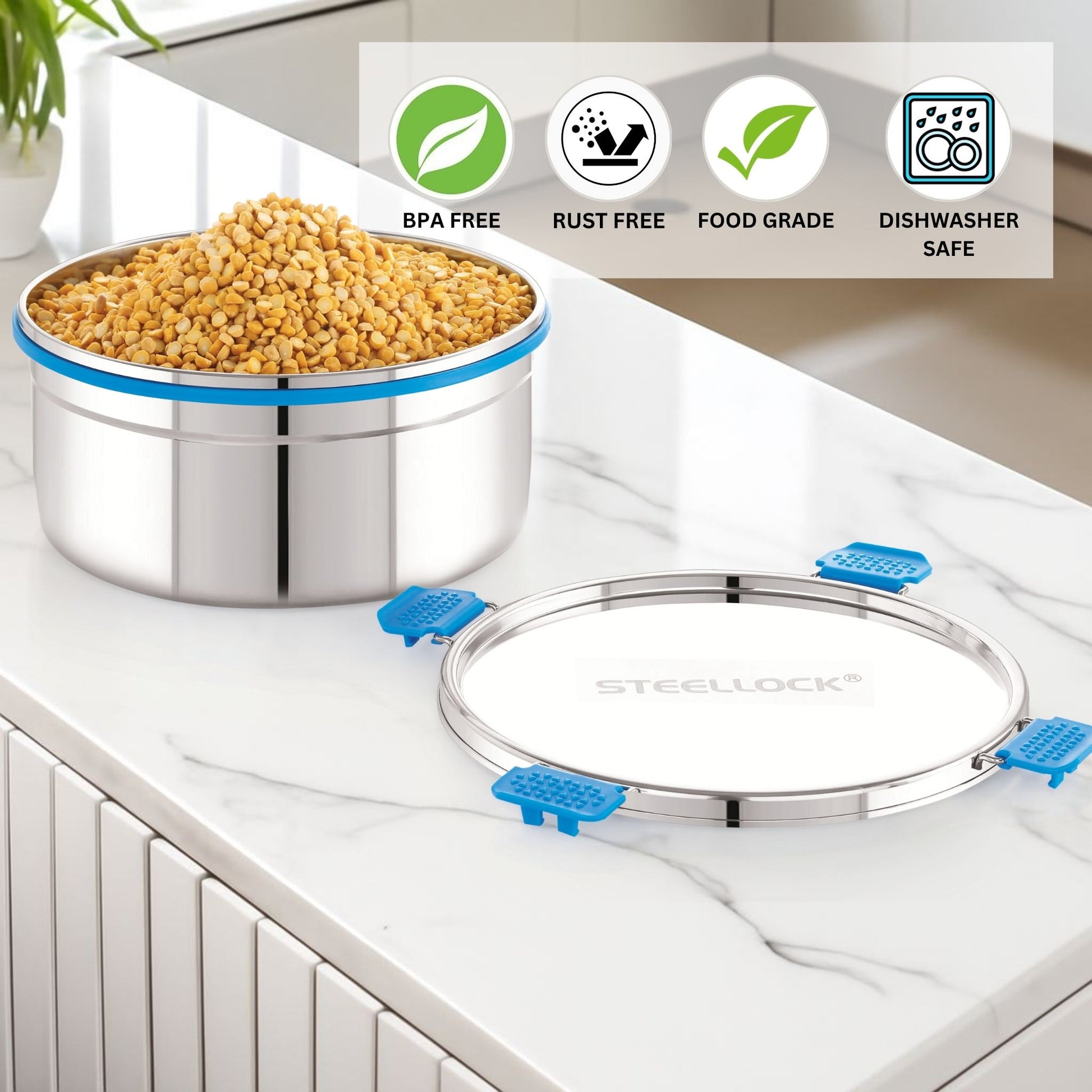 Stainless steel container with lid on a kitchen counter, featuring 'Steellock' brand.