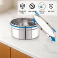 Stainless steel container with a lid on a kitchen counter, featuring icons for stainless steel, leak proof, easy to clean, and air tight.