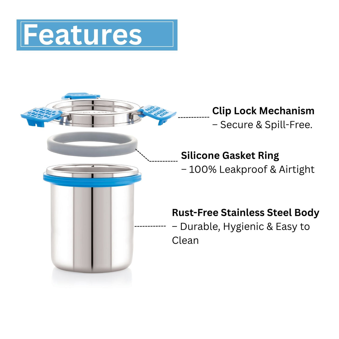 A stainless steel Steellock Pro container with a blue silicone seal lid and a transparent steel lid.