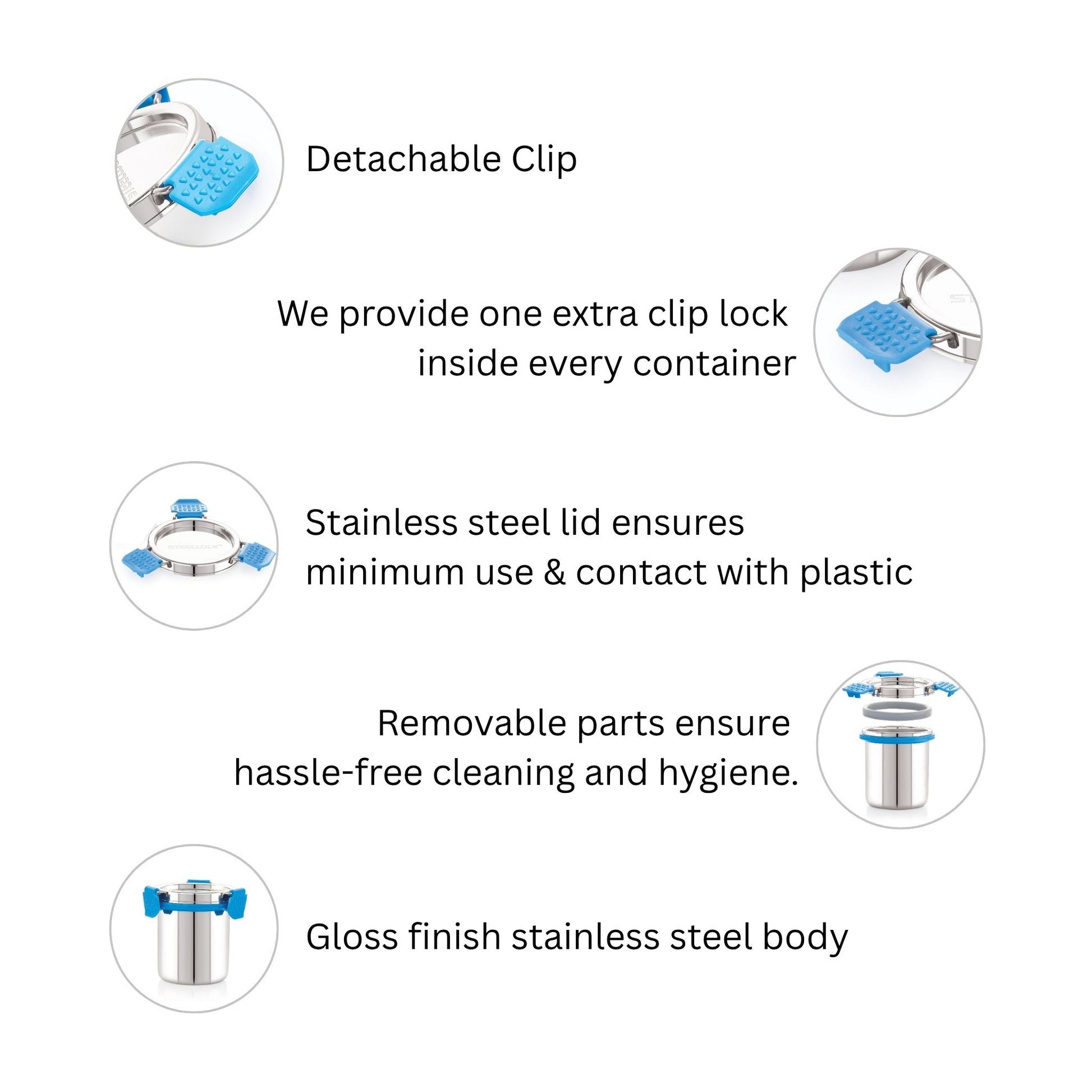 Product features with detachable clip, stainless steel lid, removable parts, and gloss finish stainless steel body on a white background.