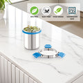 Stainless steel container with blue lid on a kitchen counter, featuring BPA-free, rust-free, food-grade, and dishwasher-safe icons.